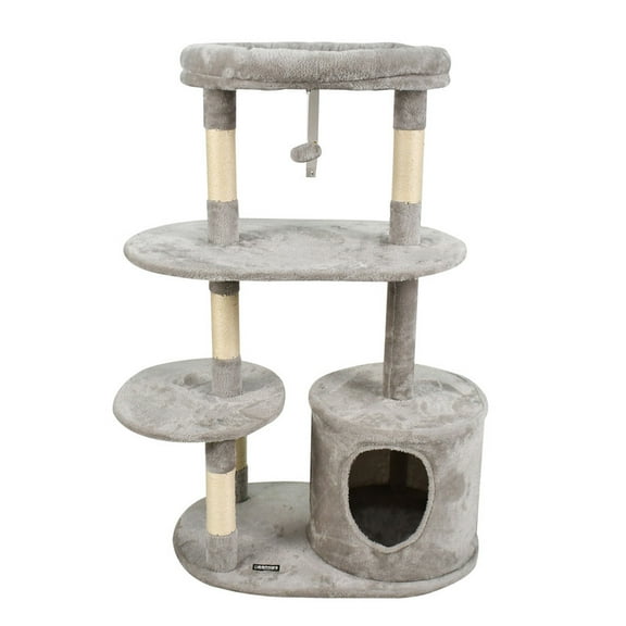 GOOPAWS 3-Tier 48-in Faux Fur Top Perch Cat Tree & Condo, Light Grey