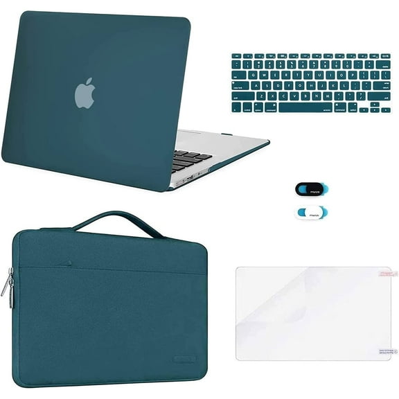 Mosiso 5IN1 Case for MacBook Air 13 inch Case (A1369 A1466, Older Version 2010-2017 Release), Plastic Hard Shell Case & Sleeve Bag & Keyboard Cover & Webcam Cover & Screen Protector, Deep Teal