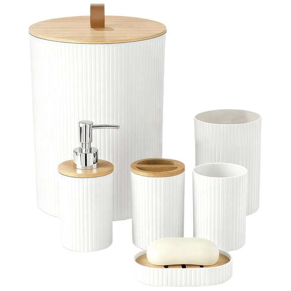 6 Pcs Bathroom Accessories Set, White Bathroom Decor with Wood Lid, Included Toilet Brush, Toothbrush Holder, Soap Dispenser, Modern Bathroom Set for Home Hotel Restroom