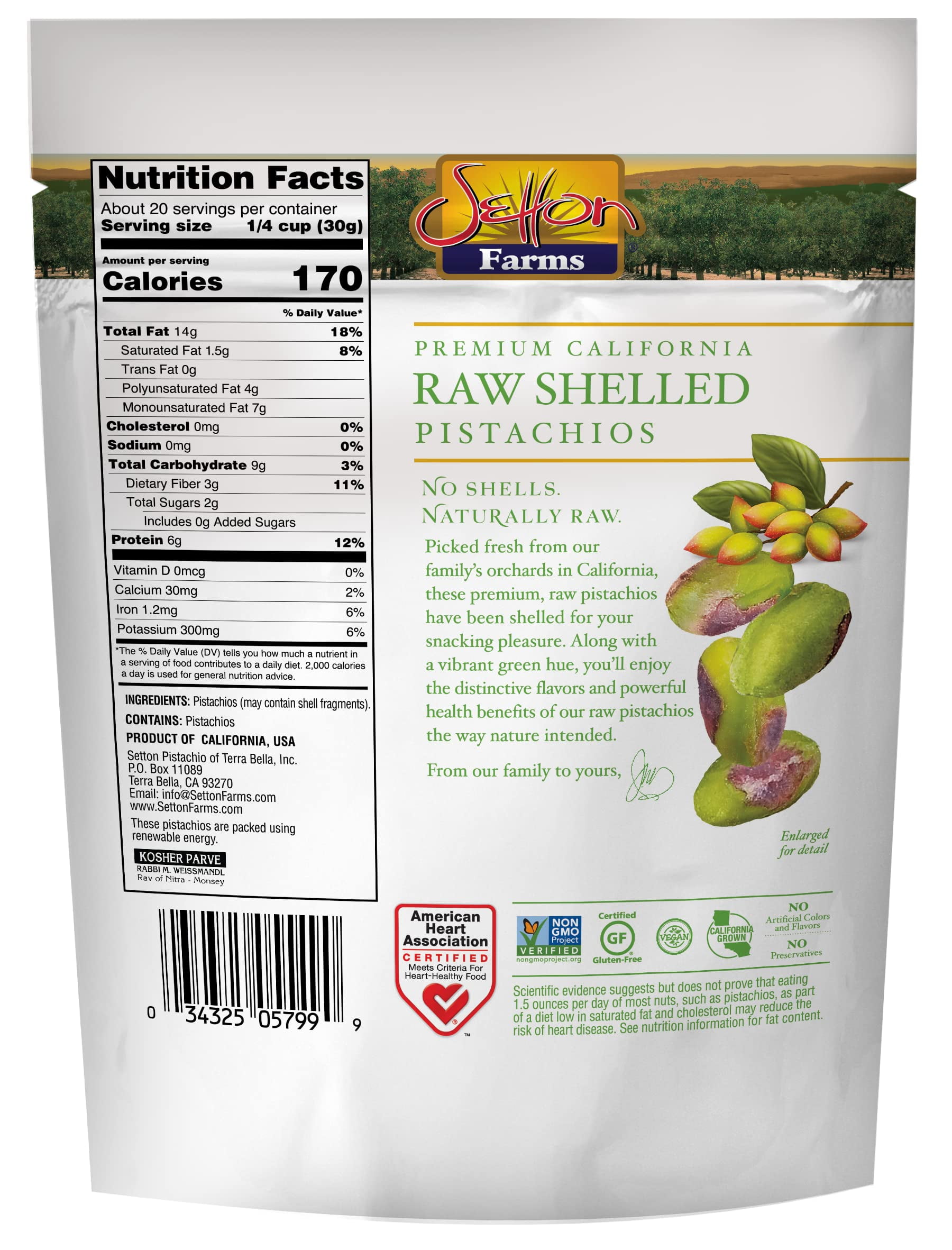 Setton Farms Naturally Raw Shelled Pistachios 20 oz Value Bag, No Shell Pistachios, Non-GMO Project Verified, Certified Gluten Free, Vegan and Kosher, Heart Healthy Snack, 20 Oz
