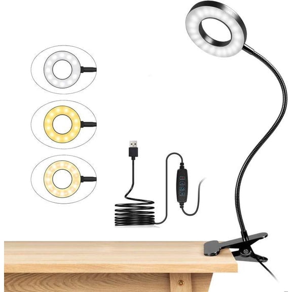 DAYBETTER LED Clip On Desk Lamp, 3 Light Modes & 10 Brightness Levels, 360° Flexible Neck Reading Light, USB Plug-in Clamp Lamp, for Home, Office, Study, Craft (Black)