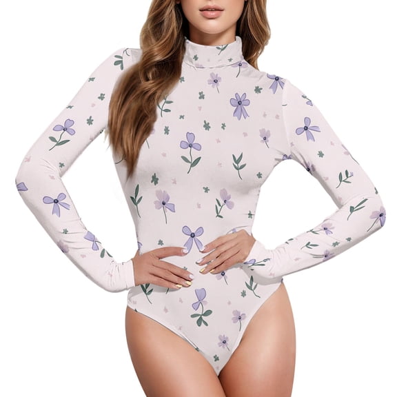joogoo Floral Bows Women's Mock Turtle Neck Long Sleeve Bodysuit L