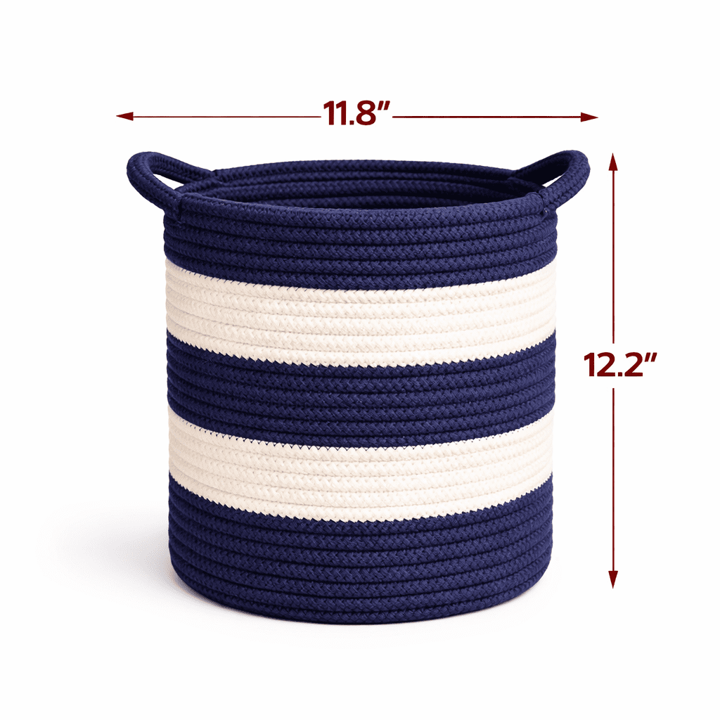 Medium Cotton Rope Baskets with Handles Woven Baskets Rope Bins 12.2x11.8" Laundry Hamper Nursery Baskets , Navy Blue and White