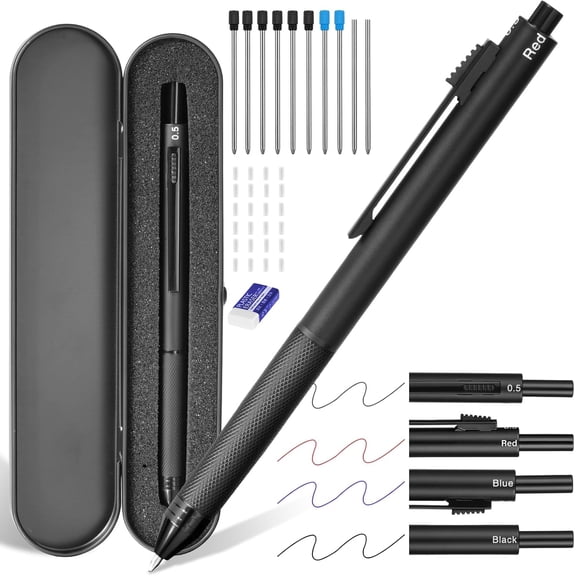 4 in 1 Multicolor Pen, Metal Cased Multifunction Pen, Gravity Sensor Multifunction Pens, 0.5mm 3 Color Ballpoint, 37 PCS Comes with Refill, Eraser, Metal Pens Case