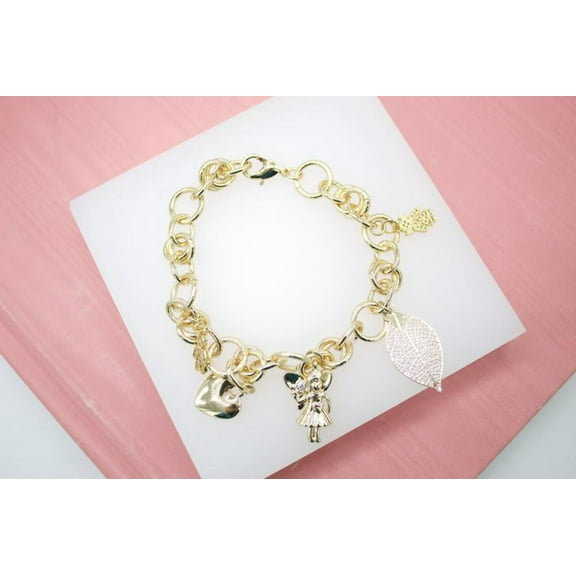 18K Gold Filled Nature, Fairy, Heart, Girl Boy Charms Bracelet (I405)