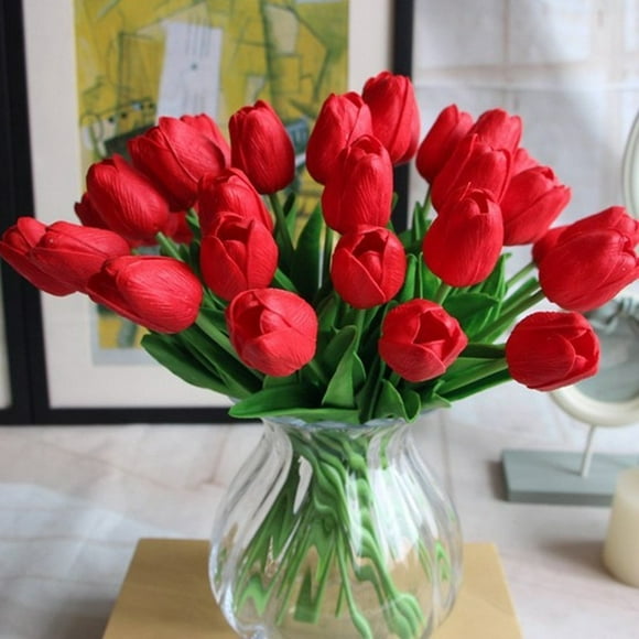 SHINE-cO LIgHTINg Artificial PU Real Touch Tulips 10 Pcs Flowers Arrangement Bouquet for Home Office Wedding Decoration (Red)