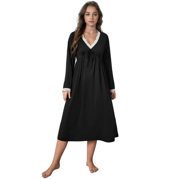 Women's Nightgown, Long Sleeve Pajama Dress, Soft Cotton Nightwear,Black,,S