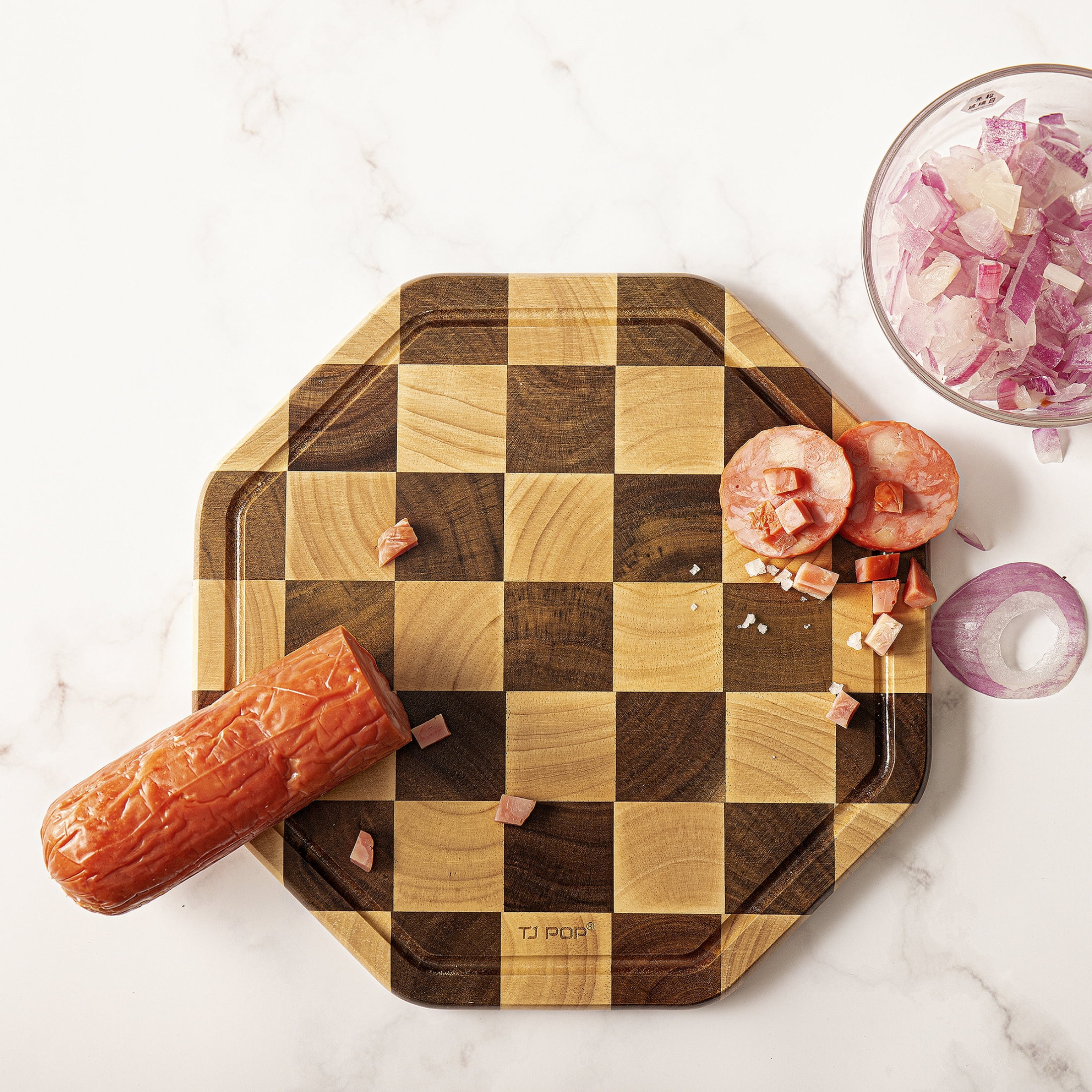 TJ POP End Grain Acacia Wood Cutting Board with Juice Groove, 12" x 12" x 0.8"