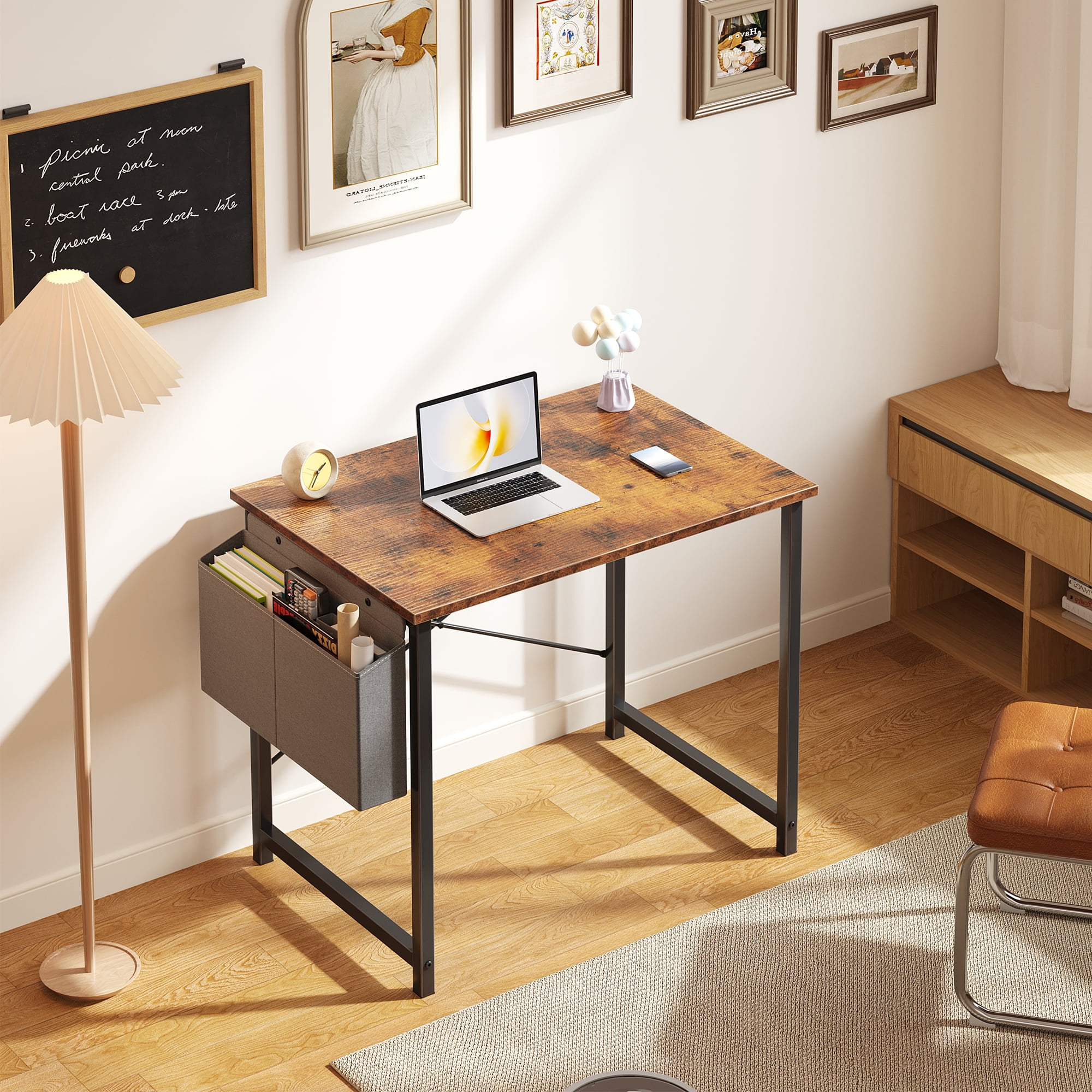 JIOABL 31 inch Computer Desk with Metal Frame and Storage Pouch, Fixed Leg Study Table for Bedroom Office, Rust