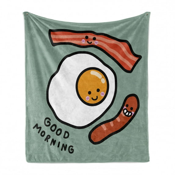 Breakfast Soft Flannel Fleece Throw Blanket, Morning Message Egg Bacon Sausages, Cozy Plush for Indoor and Outdoor Use, 70" x 90", Pale Reseda Green Salmon, by Ambesonne