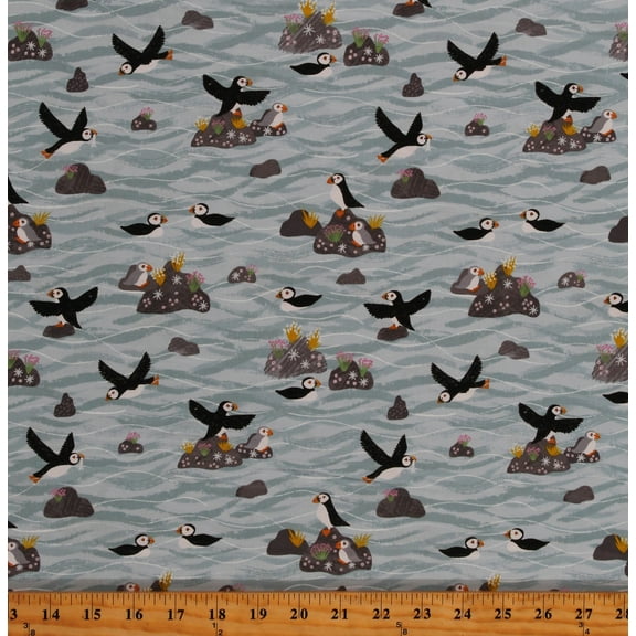 Cotton Puffins Puffin Bay Birds Seabirds Rocks Blue Fabric Print by Yard D767.77