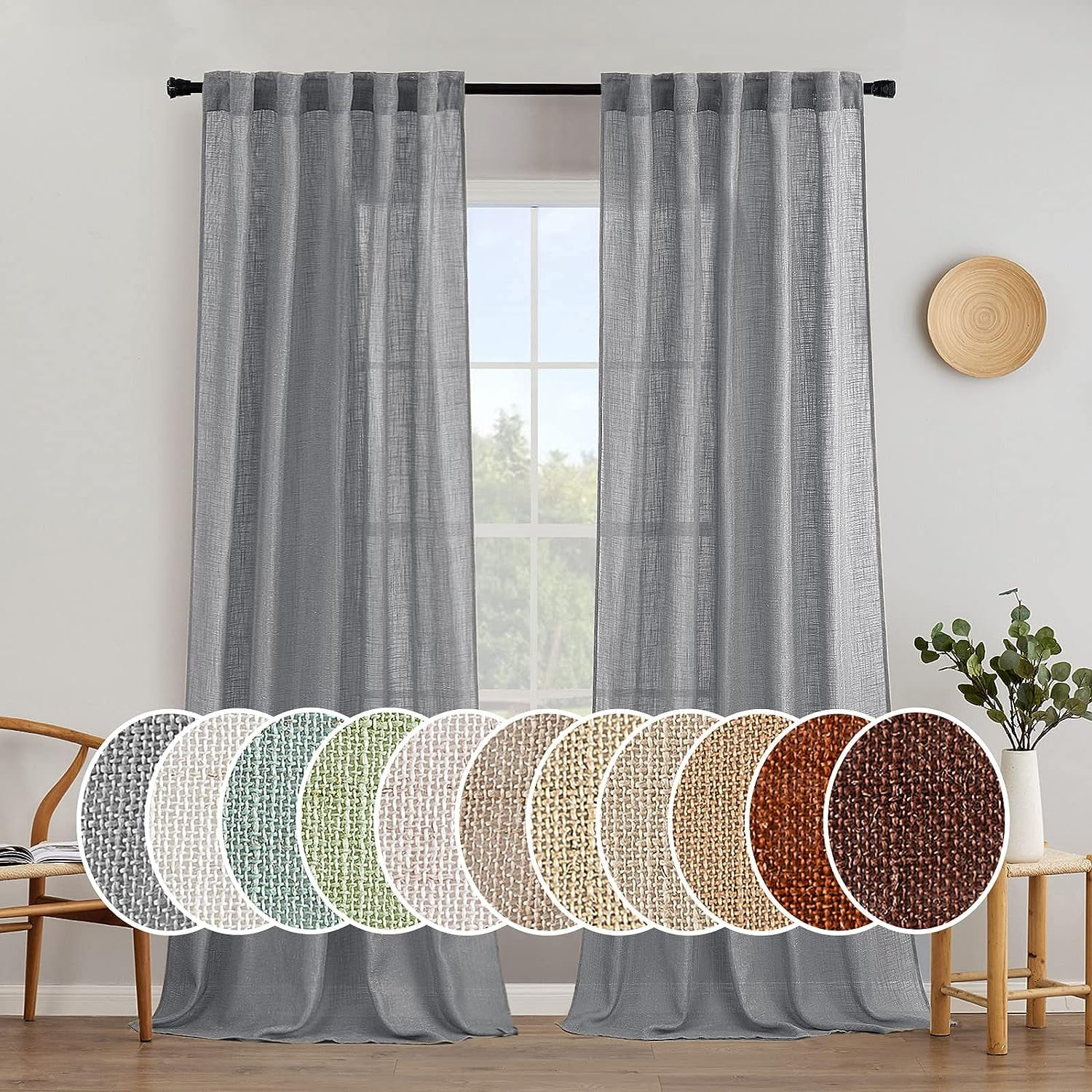 Lot De 2 Rideaux Semi-transparents Gris 183 Cm - Texturé Lin, Filtrage Lumière, Pour Salon Chambre - 6