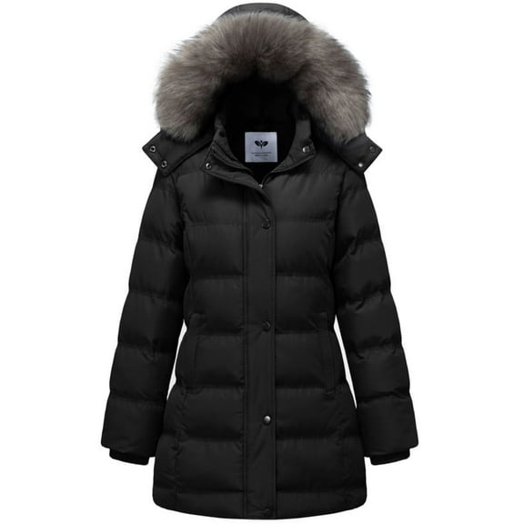 GGleaf Women's Winter Thicken Coats Warm Snow Jacket with Removable Hood Fashions Long Puffer Jacket Black Large