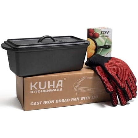 Cast Iron Bread Loaf Pan with Lid   Heat Resistant Gloves - Pre-Seasoned Cast Iron Bread Pan with Handles - Oven-safe bread pans for homemade bread - Ideal Loaf Pans for Campfire or Home Kitchen