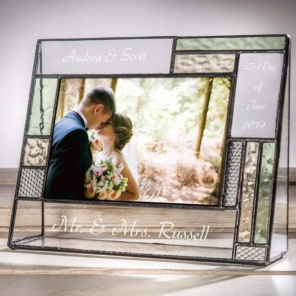 Cadre Photo de Mariage Cadeau Personnalisé pour Couple Gravé Vert Jaune Verre Souvenir de Table J Devlin Pic 430 EP619 (4x6 horizontal)