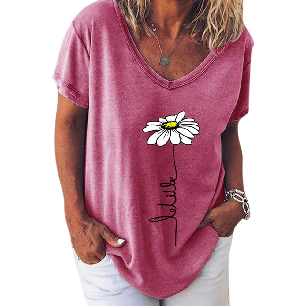 Wearella - Women Daisy Print V-neck T-Shirt Tops Floral Loose Blouse Short Sleeve Tee Shirts