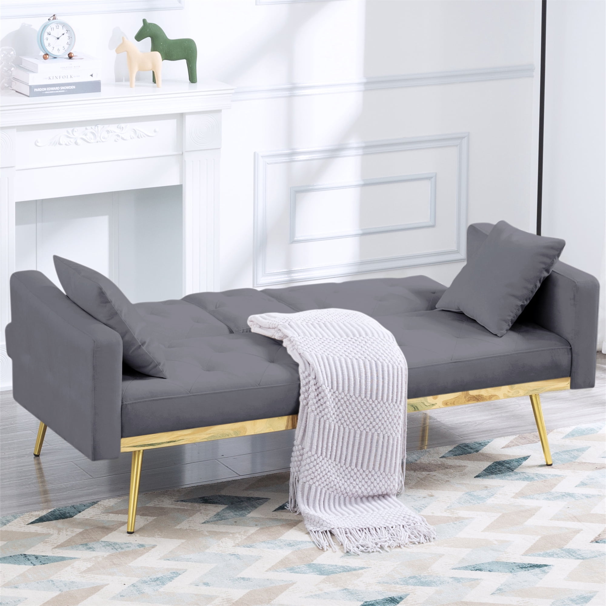 Aukfa Velvet Futon Convertible Sofa Bed for Home Office, 2 Pillows& Cup Holders, Tufted Futon, Gray
