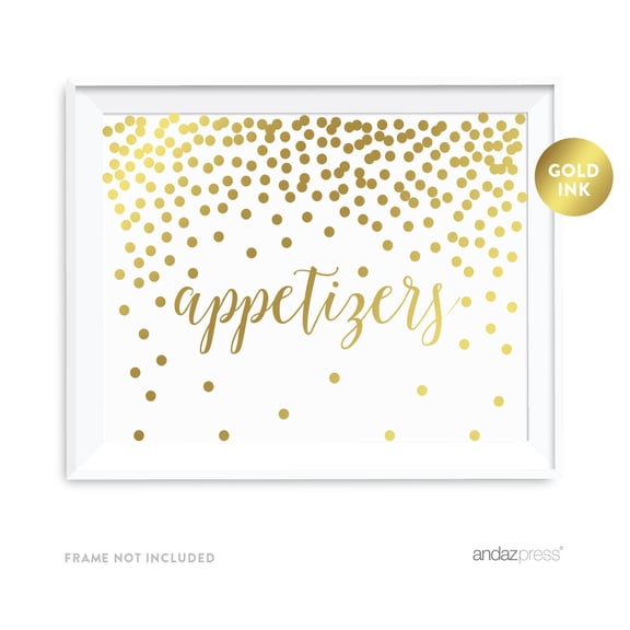 Metallic Gold Confetti Polka Dots 8.5x11-inch Party Sign, Appetizers Table Sign, Unframed