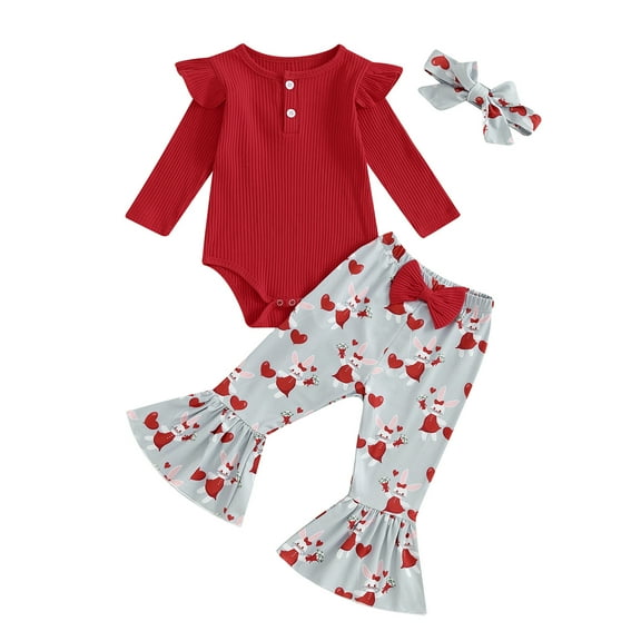 Bagilaanoe 3pcs Newborn Baby Girl Pants Set Long Sleeve Romper Tops   Print Flare Trousers   Headband 3M 6M 9M 12M 18M Infant Casual Clothes