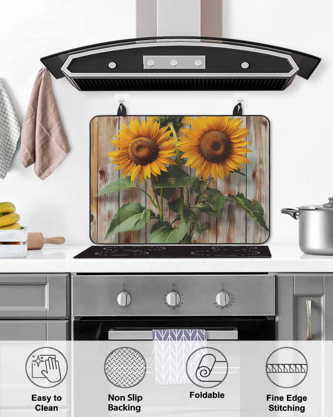 nqOlkjepod Large Induction Cooktop Protector Mat 24"x21", Vintage Wood Sunflower Stove Top Covers for Electric Stove, Farmhouse Retro Flowers Stove Burner Cover Mats, Glass Top Stove Cover