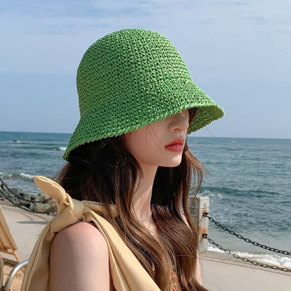 Kelon Foldable Packable Straw Hat, Wide Brim Crochet Floppy Sun Hat, Hand Woven UV Protection Bucket Cap, Lightweight Summer Headwear for Beach Vacation Outdoor Travel, M Bucket Hats