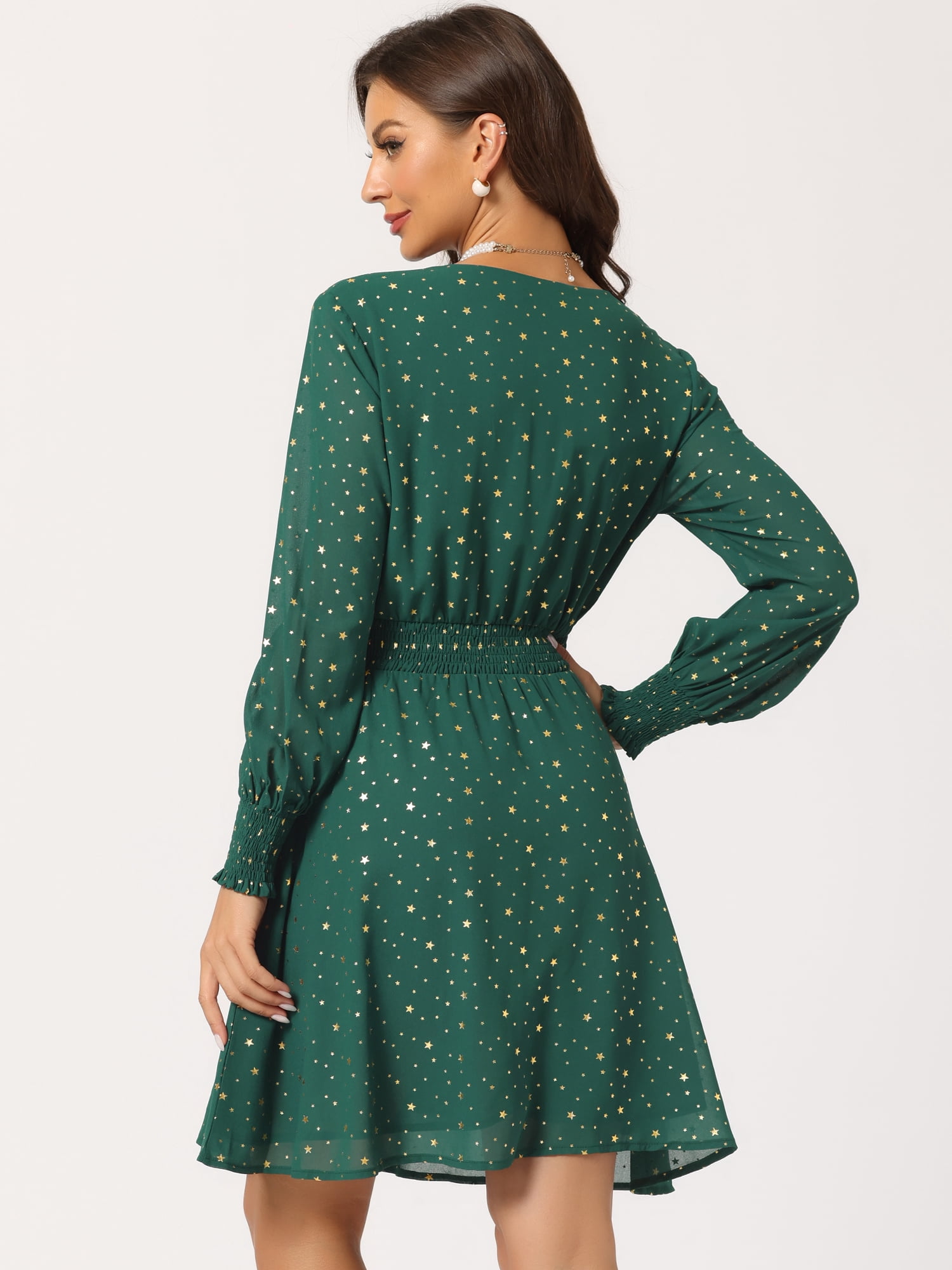Unique Bargains Women's Smocked Waist Chiffon Long Sleeve Shiny Star Dress L Dark Green