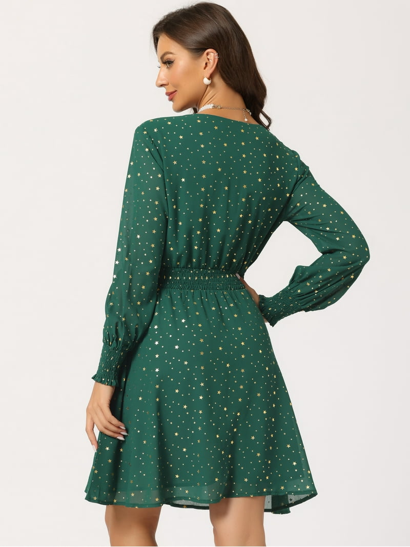 Unique Bargains Women's Smocked Waist Chiffon Long Sleeve Shiny Star Dress S Dark Green - Walmart.com Unique Bargains Women's Smocked Waist Chiffon Long Sleeve Shiny Star Dress S Dark Green - Walmart.com