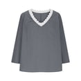 thumbnail image 5 of Womens T shirt 3/4 Sleeve Summer Tops V Neck Lace Trim Blouses Soft Cotton Linen Solid Color Tops Trendy Retro Autumn clothes Embroideried Pretty Outfits, 5 of 6
