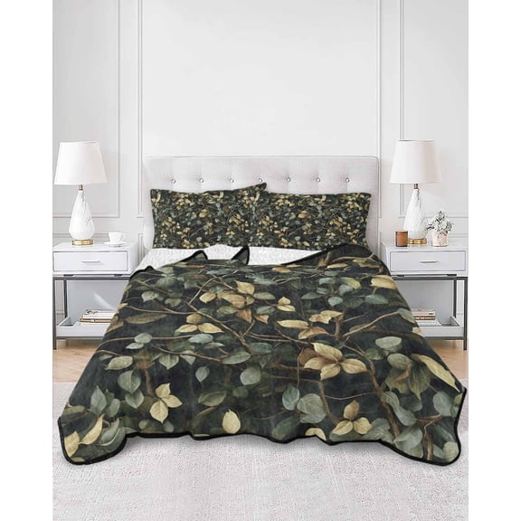 Quilts King Size, Branches Green Leaves Soft Comforter Bedding Set for Bed, Vintage Botanical Forest Lightweight Quilted Bedspread with Pillow Cover(2 Pieces) for All Season, 96x106 Inch