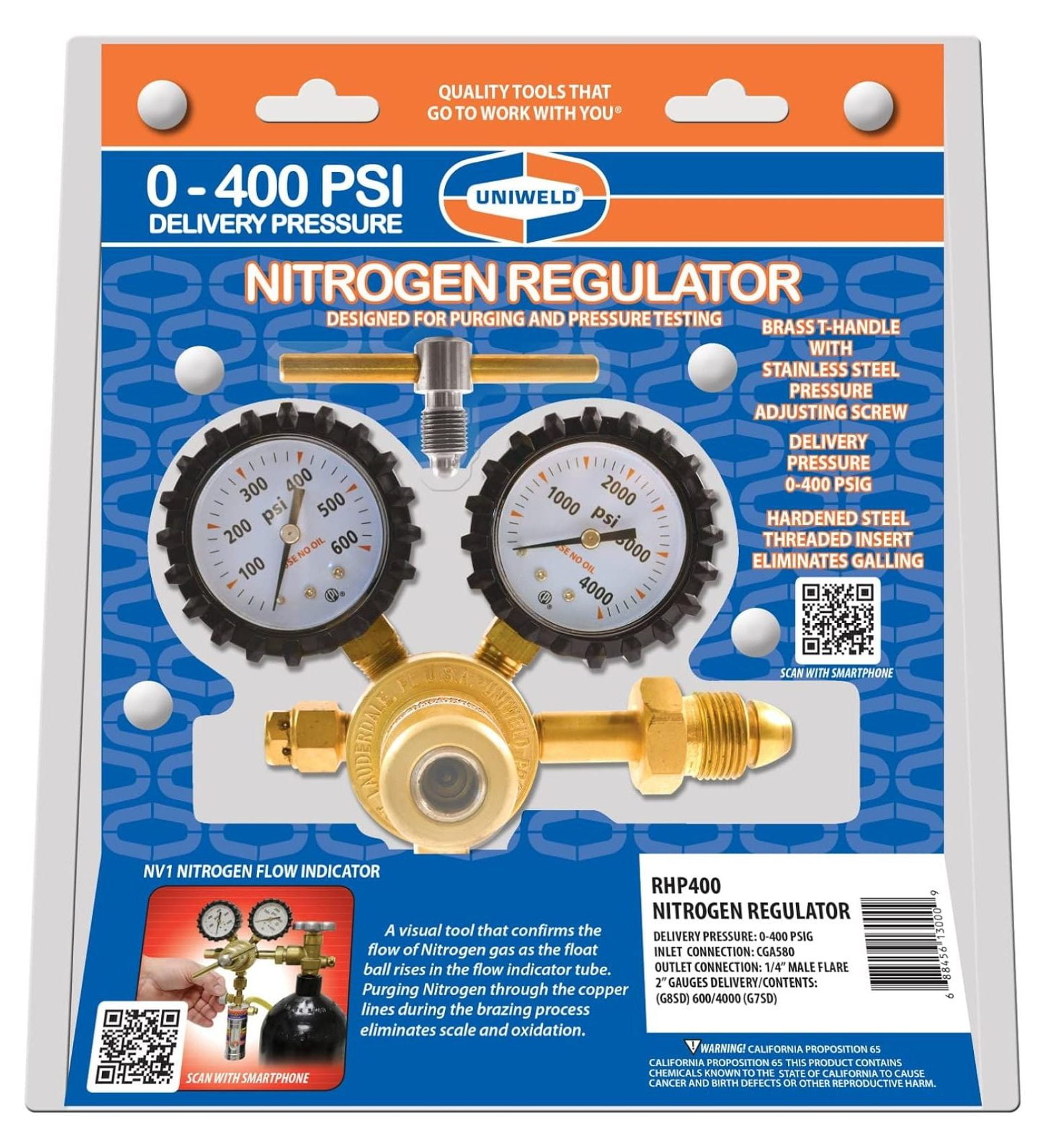 RHP400 Nitrogen Regulator with 0-400 PSI Delivery Pressure, CGA580 Inlet Connection and 1/4-Inch Male Flare Outlet Connection