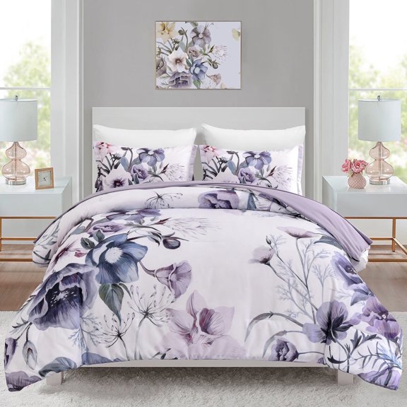 Goodidea Floral Comforter Set Queen,3Pcs Purple Flowers Microfiber Soft Bedding Set Adult(90"x90")