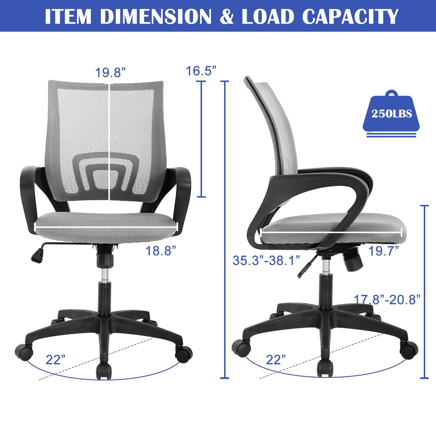 CL.HPAHKL Ergonomic Task Office Chair, Mesh Computer Chair with Lumbar Support Adjustable Mid Back Swivel Rolling Chair with Armrests, Ideal for Home Office & Study, Grey