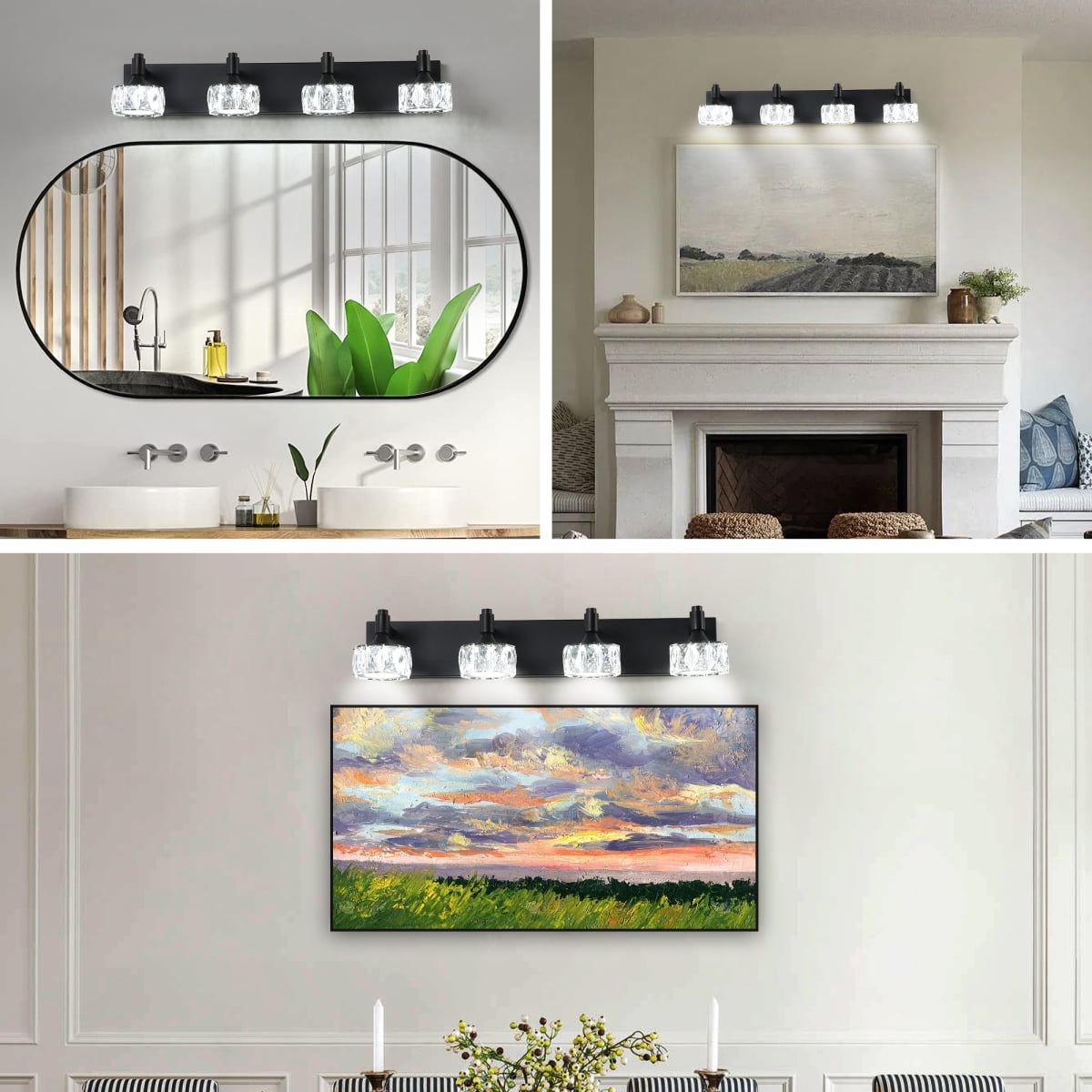 Modern 4-Light Matte Black LED Vanity Light Fixture with Crystal Glass Shades, Bathroom Wall Sconce for Elegant and Contemporary Home Decor On-Site