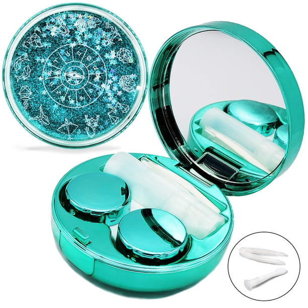 Estuche para lentes de contacto, Bling Stars, herramienta portátil para quitar lentes de contacto con ojos, con espejo, para adolescentes, niñas, mujeres, transporte de viaje (verde, 2 unida