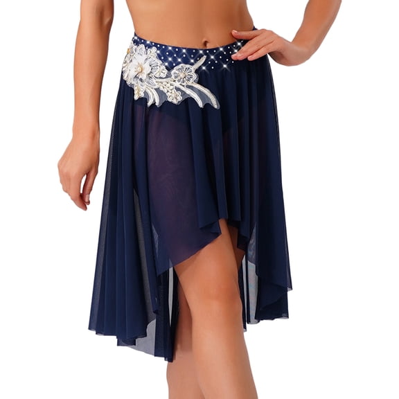 TiaoBug Women's Chiffon Applique Lyrical Ballet Dance Skirts High Low Mesh Midi Skirt Briefs Dancewear Navy Blue S