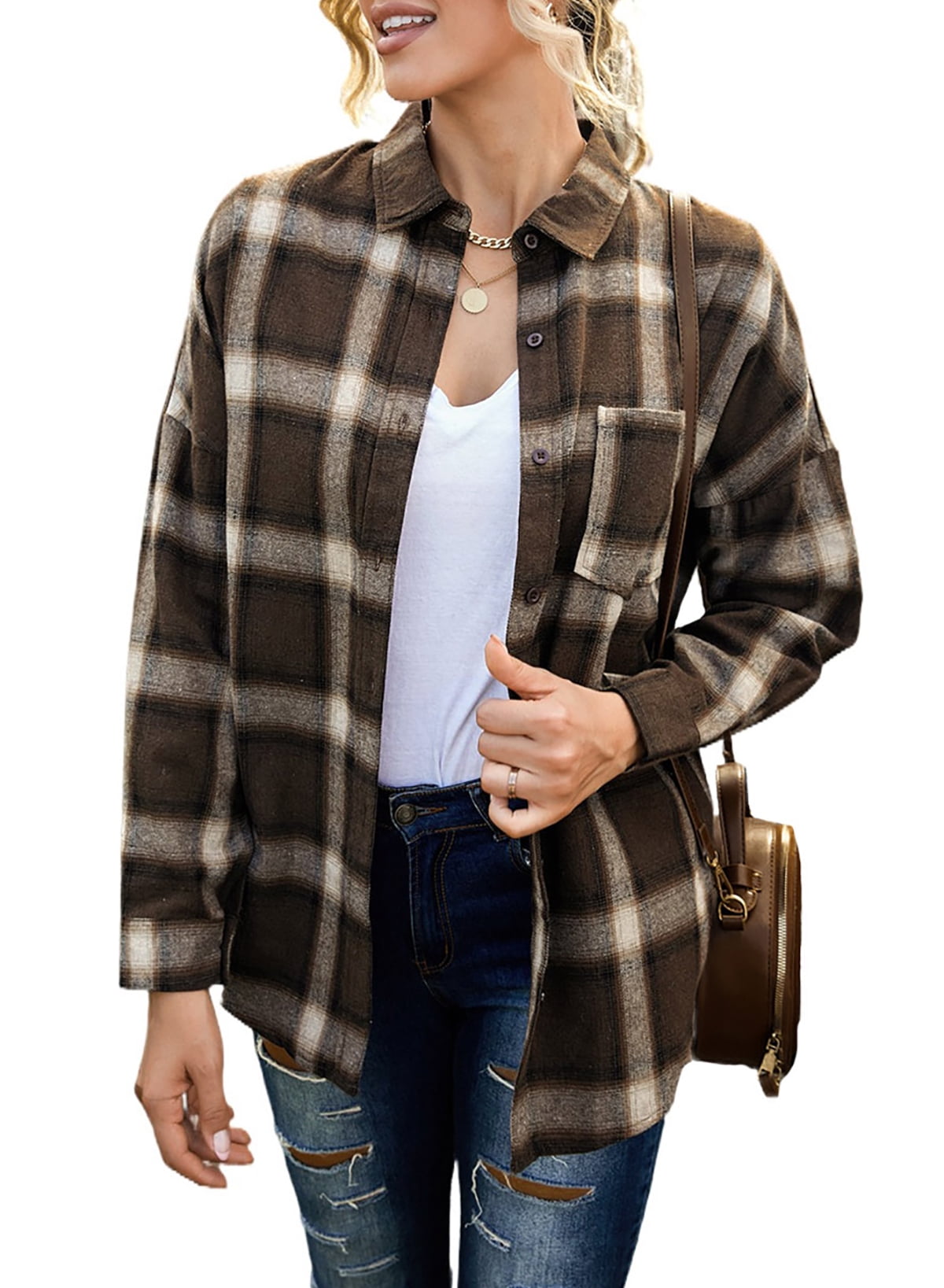 Dokotoo Womens Brown Casual Long Sleeve Plaid Shirts Lapel Button Down ...