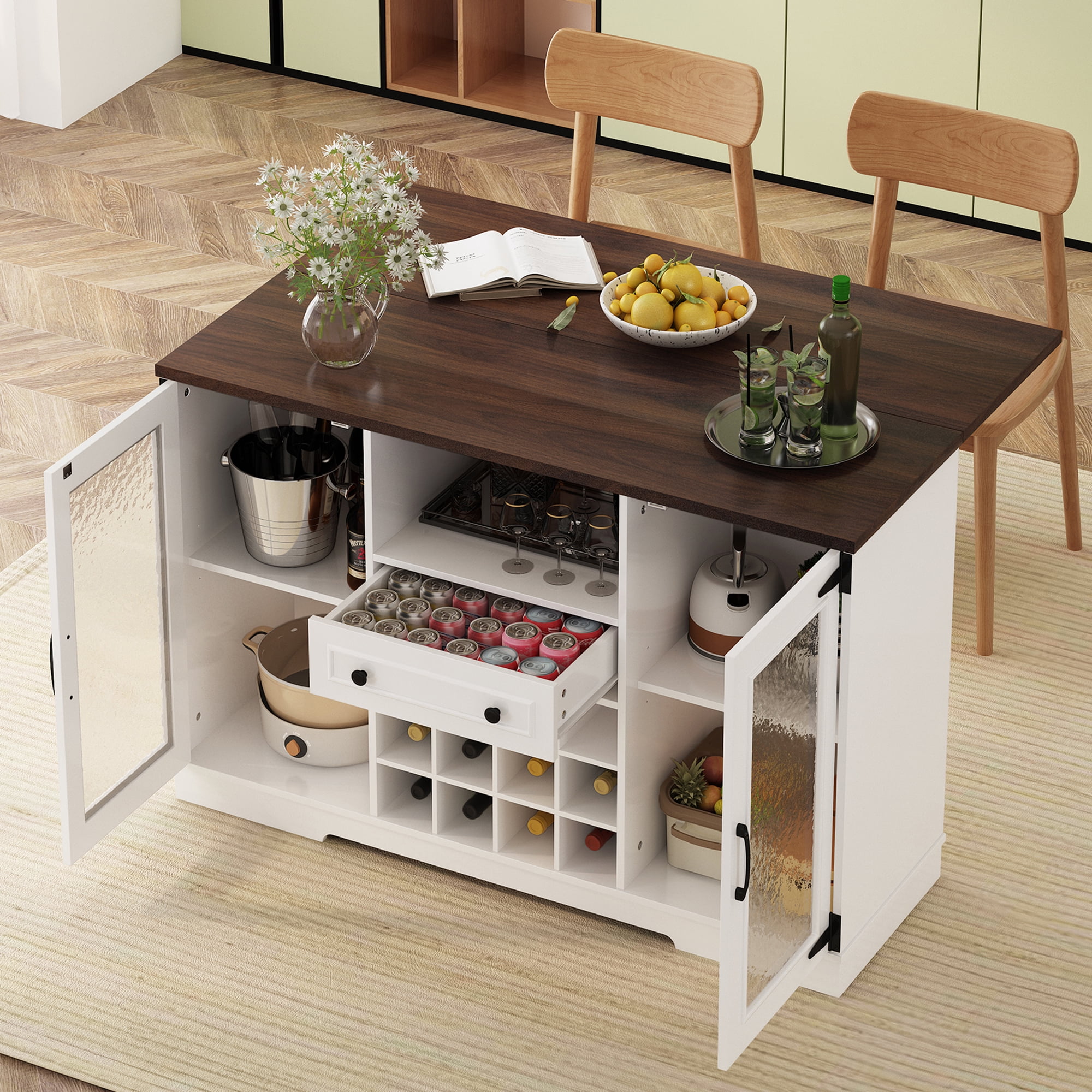Euroco Coffee Bar Cabinet with Drop Leaf, Liquor Wine Bar Cabinet with LED Lights,Glass Doors,12 Wine Racks,1 Drawer & Open Shelf,Farmhouse Kitchen Cabinet for Dining Room,Walnut+White