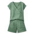 thumbnail image 4 of Mifsaly Short Sets for Women 2 Piece Vacation Short Sleeve V Neck Wrap Top and High Waisted Shorts with Pockets Lightweight Loose Casual Summer Linen Matching Outfits Green,XXL, 4 of 7