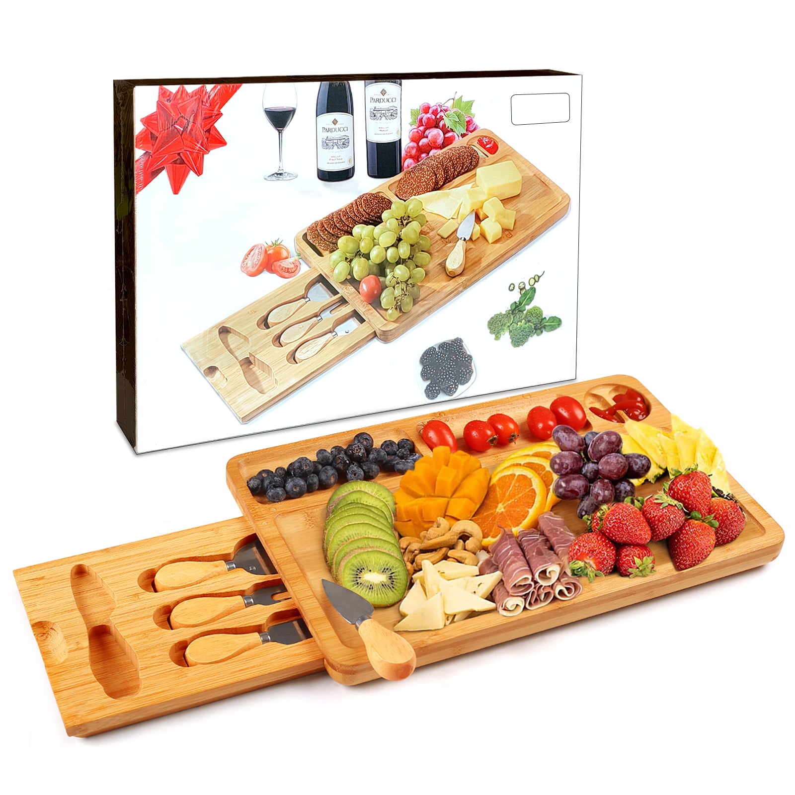 NIUXX Cheese Board with Cheese Knives Cheese Charcuterie Platter Board with Built-in 2 Compartments and 1 Saucer Serving Tray with Hidden Cutlery Drawer for Christmas Wedding Housewarming Party