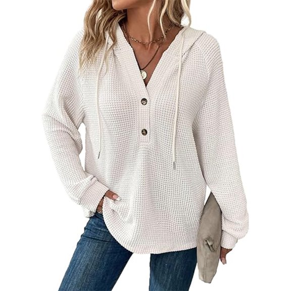 TITAKING Women's Casual Waffle Knit Hoodie, Long Sleeve, Pullover, White L
