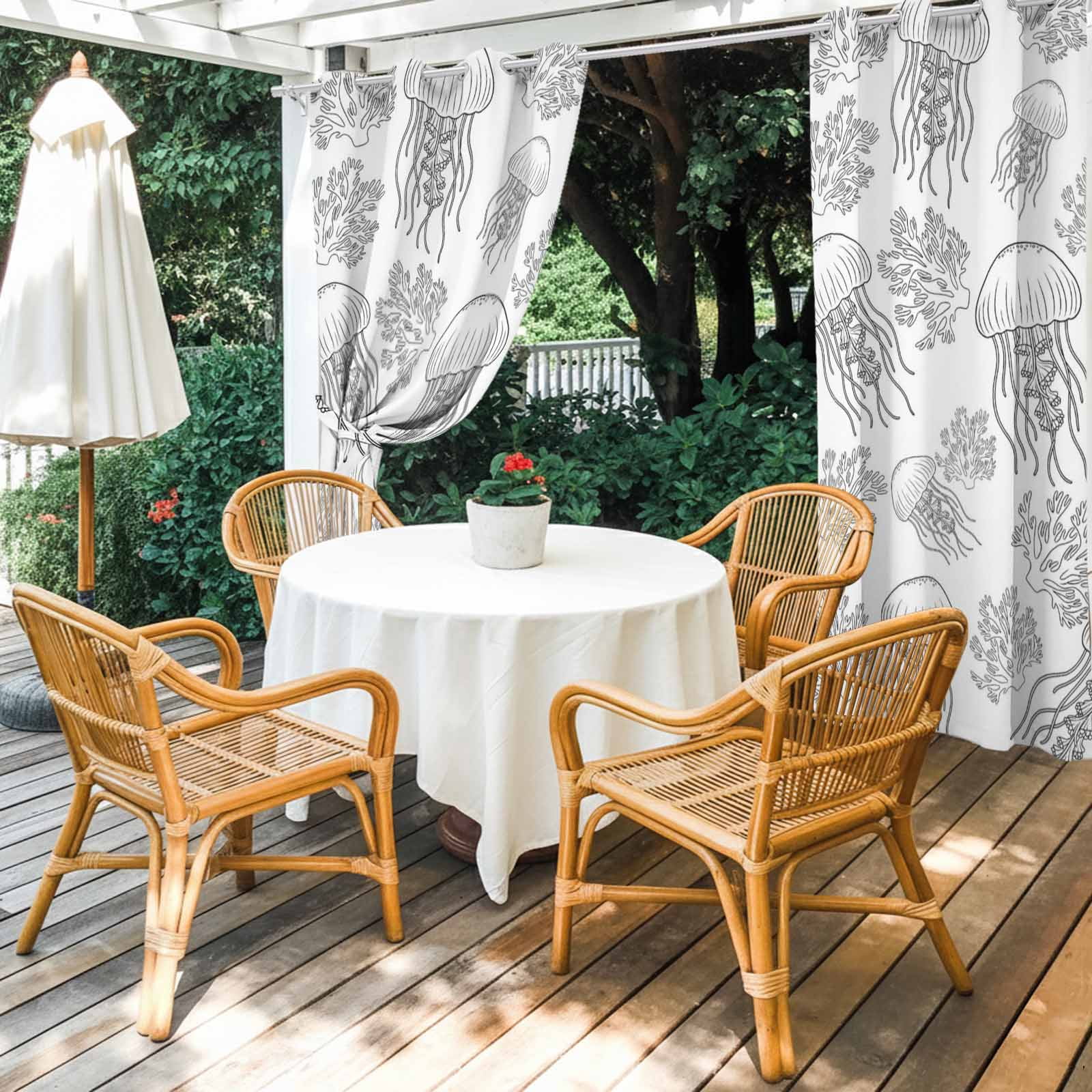Marine Life Outdoor Curtains for Patio, Oceans Jellyfish Coral Line Sketches Style Black Sunshade Privacy Drapes Grommet Waterproof Outside Curtains for Porch/Cabana/Balcony 54"x 108", 1 Panel