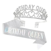 SKYSONIC Rose Birthday Queen Rhinestone Tiara and Sash - Birthday Glitter Decorations for Women (Multi Color Letter)