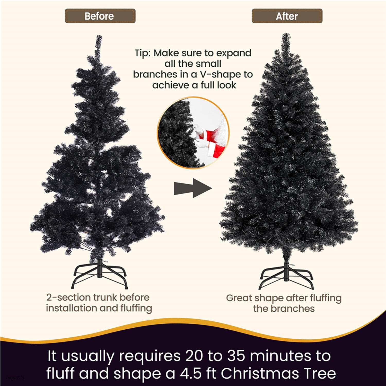 Alden Design 4.5FT Artificial Pre-lit Christmas Fir Tree with Foldable Stand,150 LED Warm Lights,Black