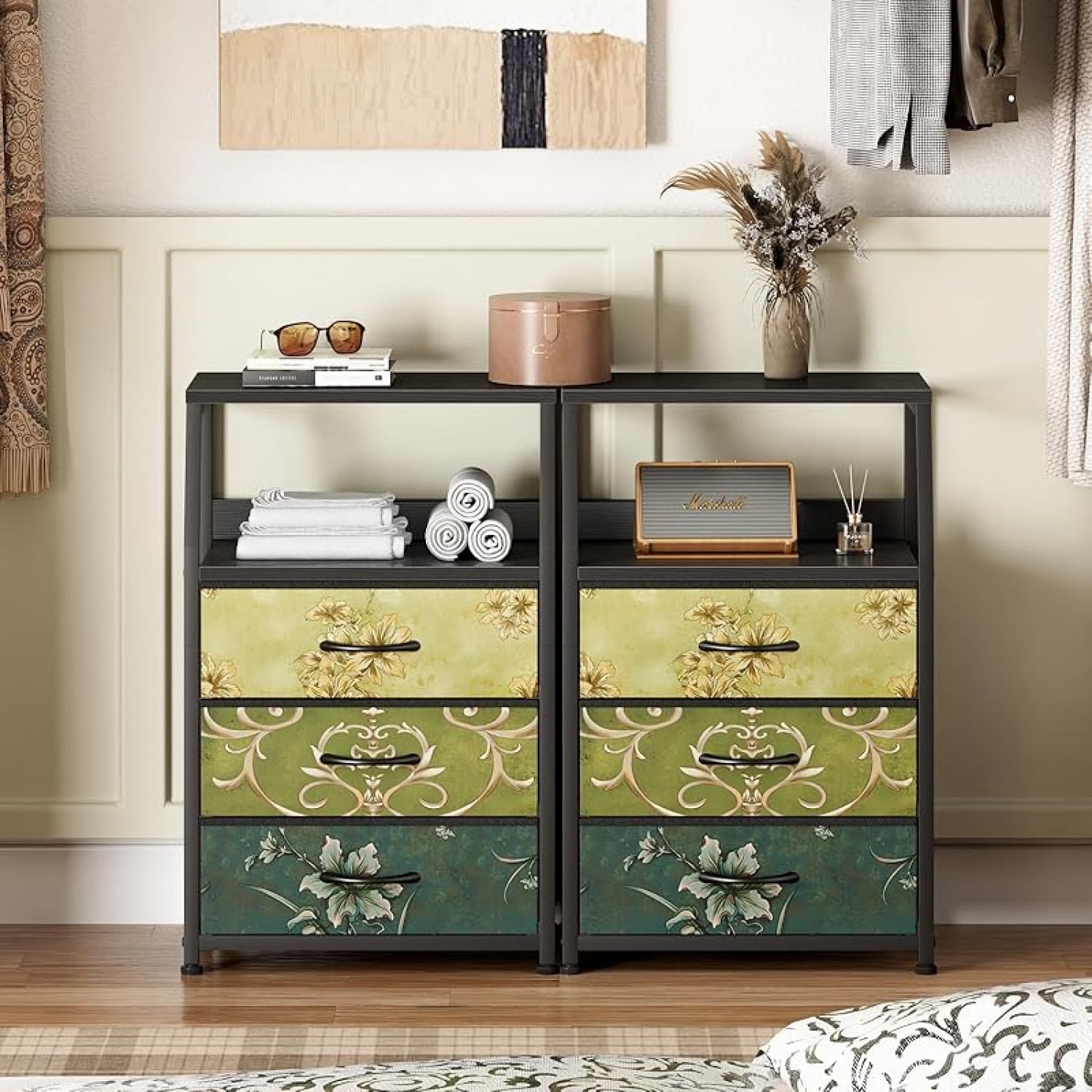 Tall 5 Drawers Dresser, Vertical Storage Tower for Bedroom, Hallway, Entryway, Nursery, Closet Organizer, Nightstand Bedside Table Furniture, Sturdy Steel Frame, Wood Top