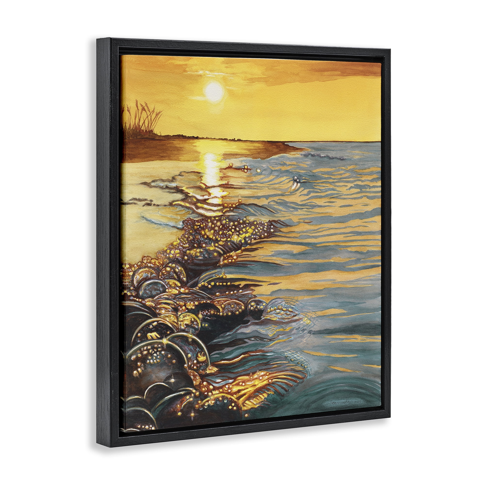 Stupell Industries Saltwater Beach Sunset Landscape Painting Black Floater Framed Canvas Art Print Wall Art, 25 x 31