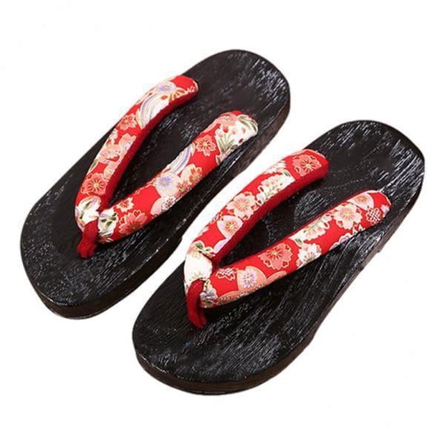 GUOOL 2x Sabots Japonais Pantoufles Geta Sandales Tongs pour Hommes Femmes Rouge Rond 39