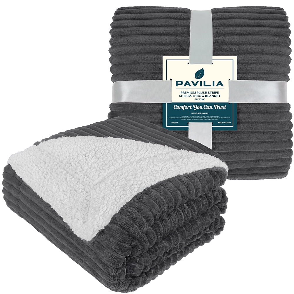 PAVILIA Reversible Sherpa Fleece Throw Blanket Dark Grey, Plush Flannel Throw, Ultra Soft Warm Ribbed Microfiber Blanket for Sofa Couch Bed, Luxury Thick Striped Blanket, Grey, 50x60