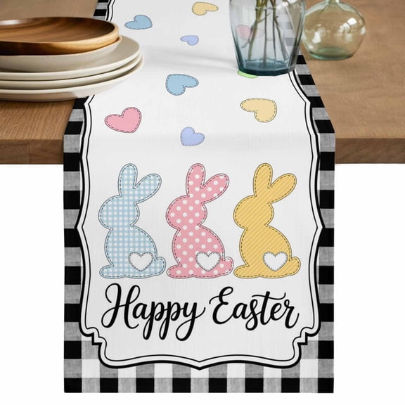 Happy Easter Table Runner, Cute Lovely Colorful Rabbits Black White Plaid Washable Cotton Linen Table Runners 36 Inches Long, Dresser Scarf Runner for Nightstand/End Tables/Round Tables 13''x36''