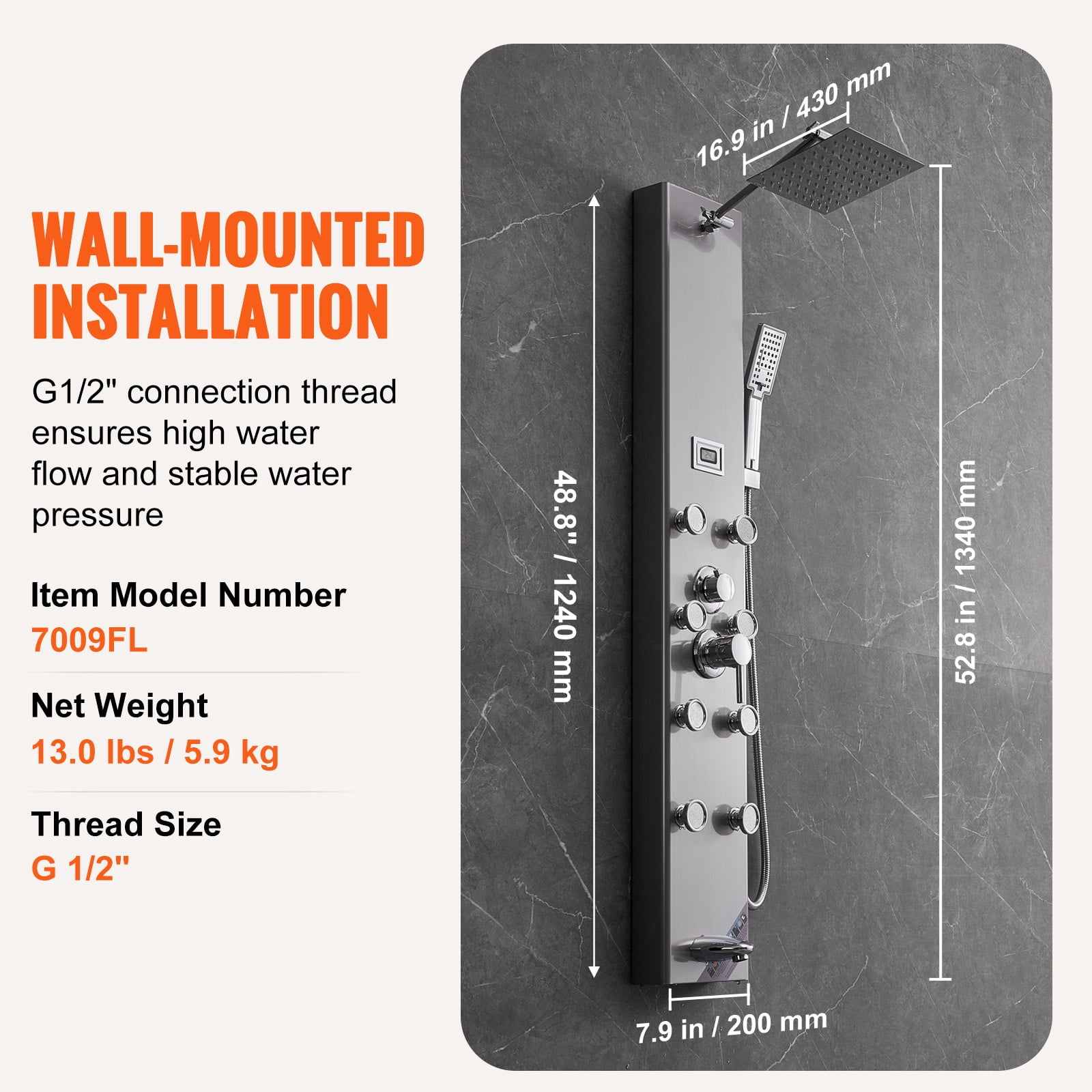 KFFKFF Shower Panel 6 Modes Digital Tower System Display Stainless Steel Rainfall
