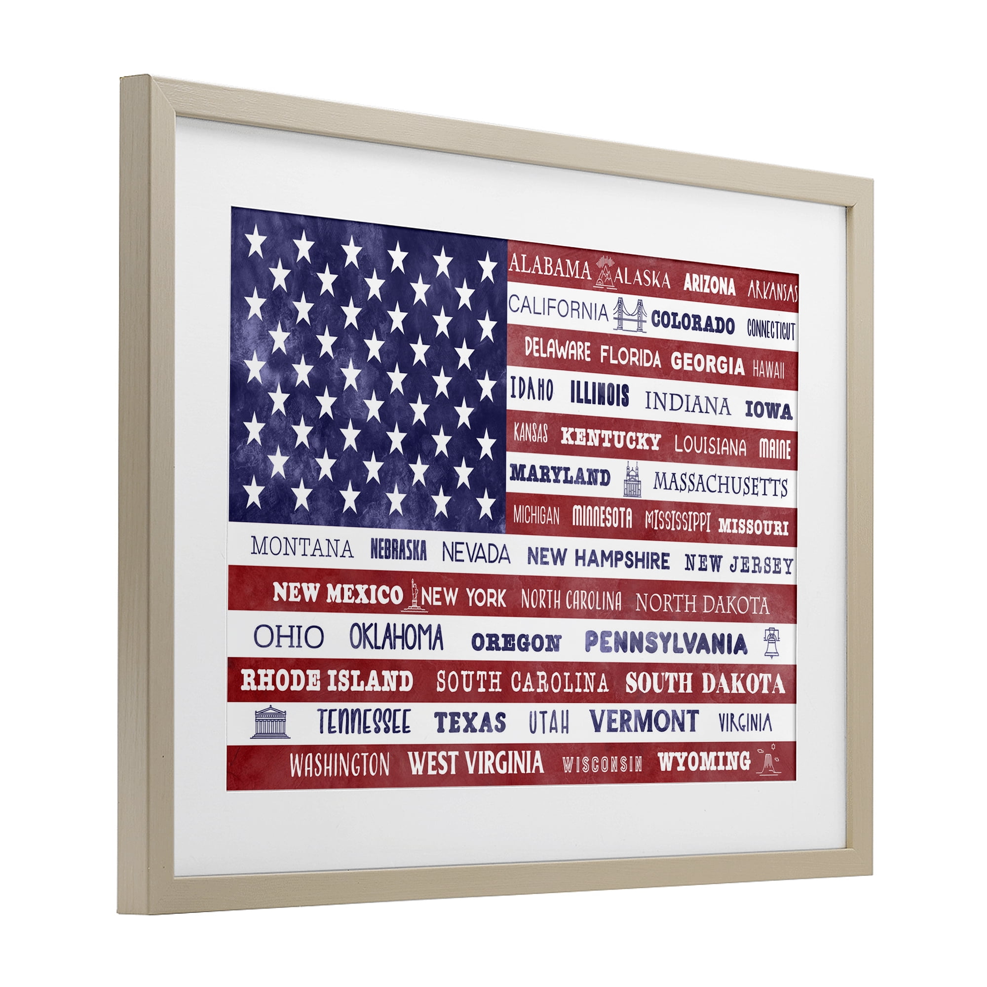 Stupell Industries States Of America Flag Birch Framed Print Under Glass, design by Daniela Santiago
